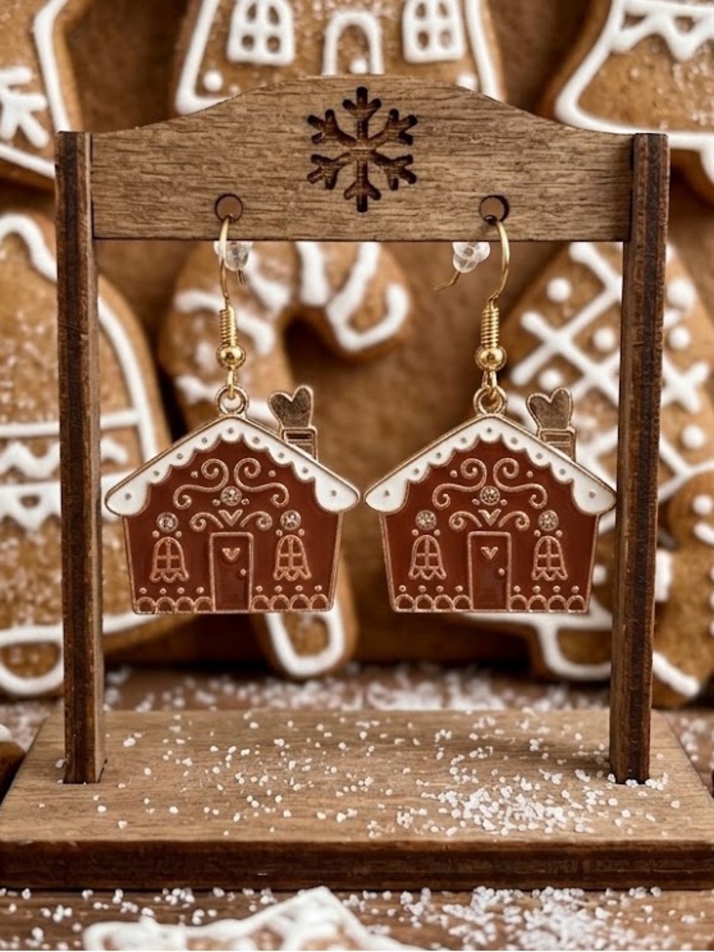 Gold tone and Brown Gingerbread House Earrings 🧁